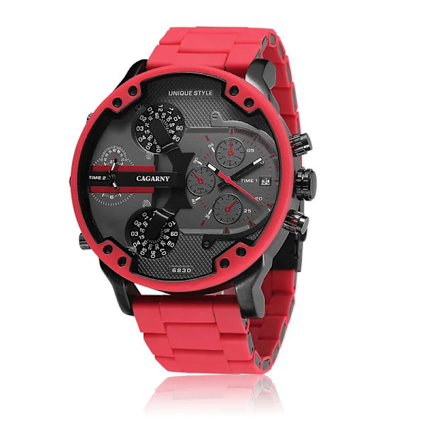 Watch Herr Lyxmärke Kända Dual Time Military Relogio Masculino 57mm 3D Stort case Quartz Herrklockor Röd Manklocka Red