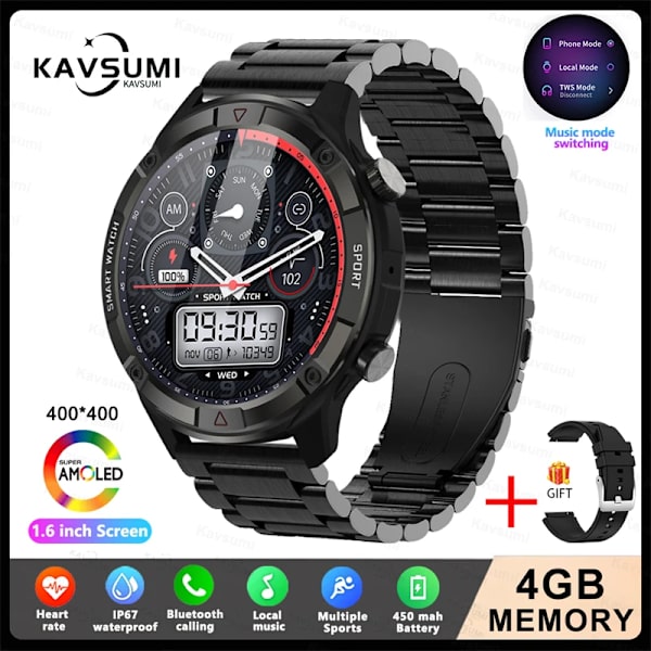 Ny 4G Memory Smart Watch AMOLED 454*454 HD Visa alltid tiden Bluetooth Ring Smartwatch For Herr Huawei TWS hörlurar Black Steel 4GB Memory