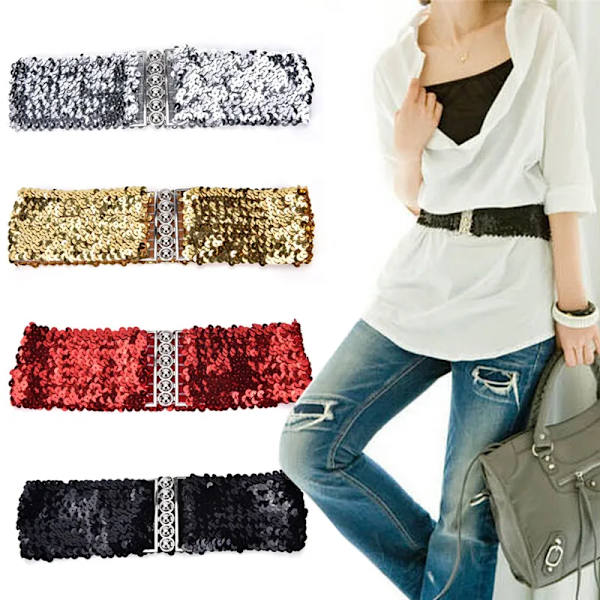 Mode Metallic Paljett Dam Klänning Bälten Cool Punk Shinny Cummerbund Elastisk Stretch Bred midjeband Free Ize Bred Stretch Bälte Red