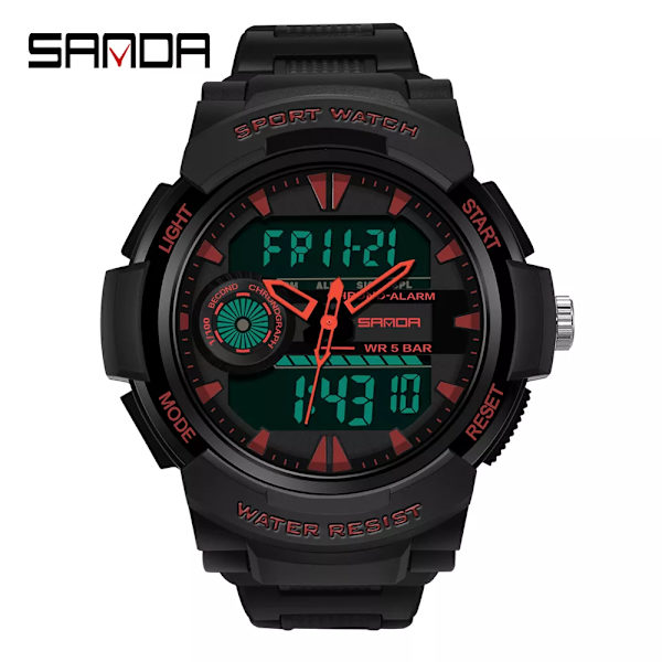 SANDA Sportklockor för män Multifunktionell Chronograph Vattentät armbandsur LED Digital Military Quartz Clock Relogio Masculino Red