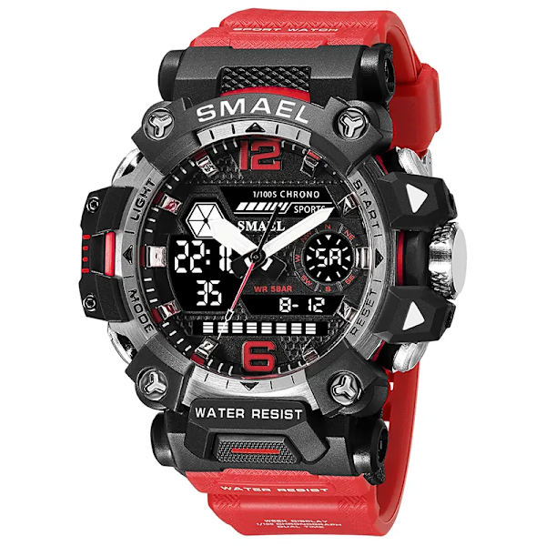 SMAEL Herrklockor 50m Vattentät Watch Military Man Watch Digital 8072 Dual Display Watch Quartz Led Digital RED