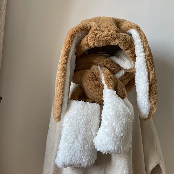 Öronlappsmössa Kvinna Söt Stor Öra Kaninhatt Bib Vinter Varm Mjuk Tjockning Fickmössor Huvad Mode Halsduk Hatt Handske Kaninhatt Khaki 56-58cm