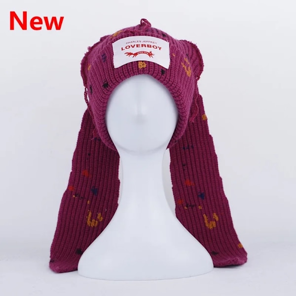 Söt Mode Huva Cap Loverboy Katteöra Stickad Hatt Dubbellager Varm Grisöra Hatt Nisch Design Hip-Hop Personlighet Kalla Hatt E09 dark red TY M 56-58cm