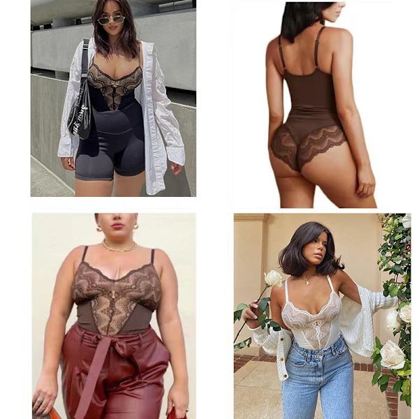 AfruliA Bodysuits Shapers Snap Open grenen Ljuskontroll Waist trainer Body Suit Sexig Spets V-hals Spaghetti Strap Smal underkläder black bodysuits L