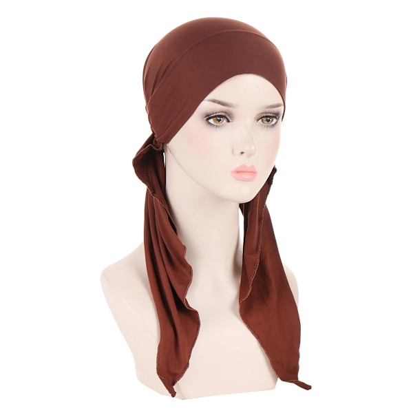 Kvinnors NewInner Hijab Turban Förbandshatt Solid Lång Svans Huvudduk Wrap Beanies Bonnet Huvudduk Stretch Huvudbonad Hatt Coffee