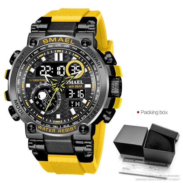 SMAEL Light Blue Sport Digital Watch för män Vattentät Dual Time Display Chronograph Quarz Armbandsur med Auto Date Week 1803B Yellow-Box
