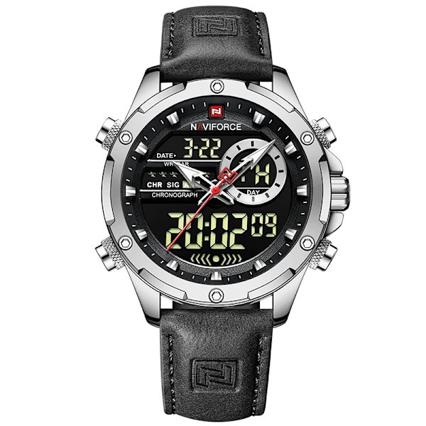 NAVIFORCE Militära klockor för män Mode Sport Kronograf Alarm Armbandsur Vattentät Quartz Big Clock Digital Man Watch Silver Black