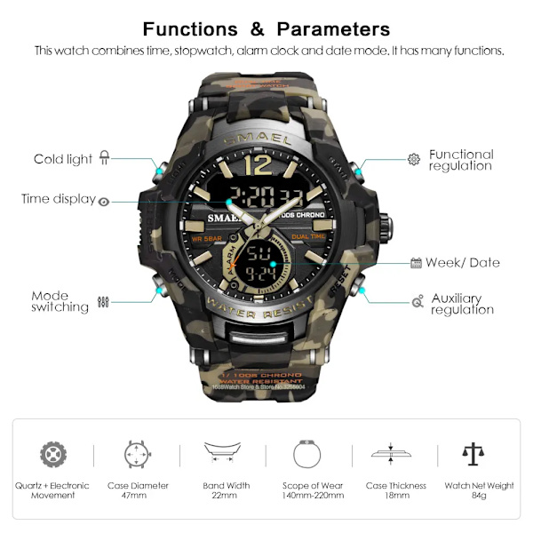 SMAEL Sport Digitala klockor för män Army Kamouflage Simning Armbandsur Väckarklocka Kalender LED Bakgrundsbelysning Dual Time Watch 1805 Camo Khaki-Box