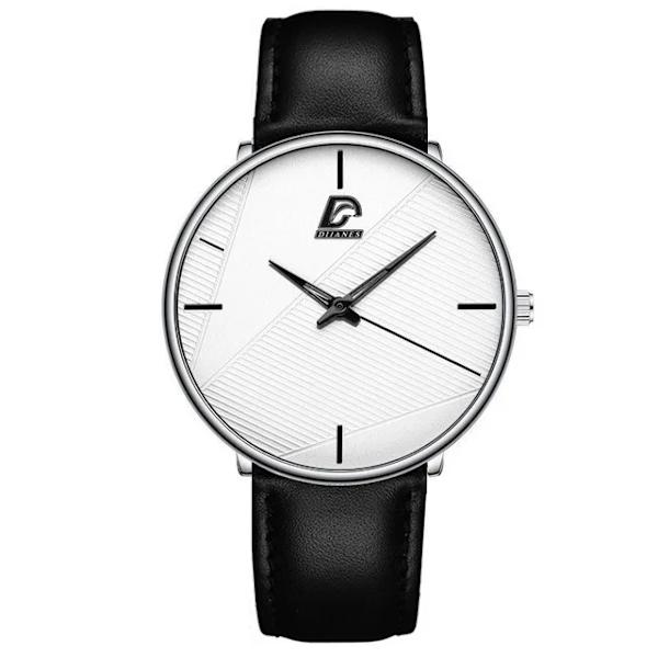 Märke Herrklockor Herr Enkelt Ultratunt mesh i rostfritt stål Bälte Quartz Clock Man Business Läder Armbandsur reloj hombre Leather Black White