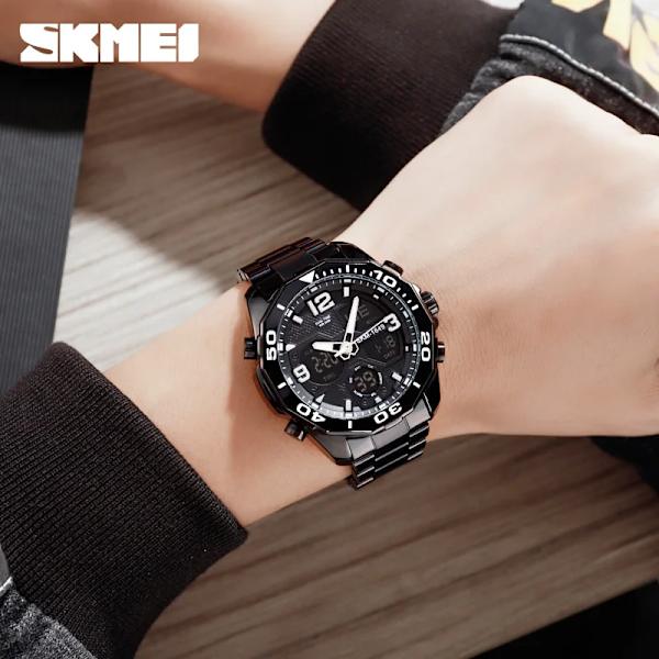 SKMEI 1649 Roterbar Ring Quartz Digital Herrarmbandsur Chrono Alarm Man Clock reloj hombre Dual Movement Sport Herrklockor Silver
