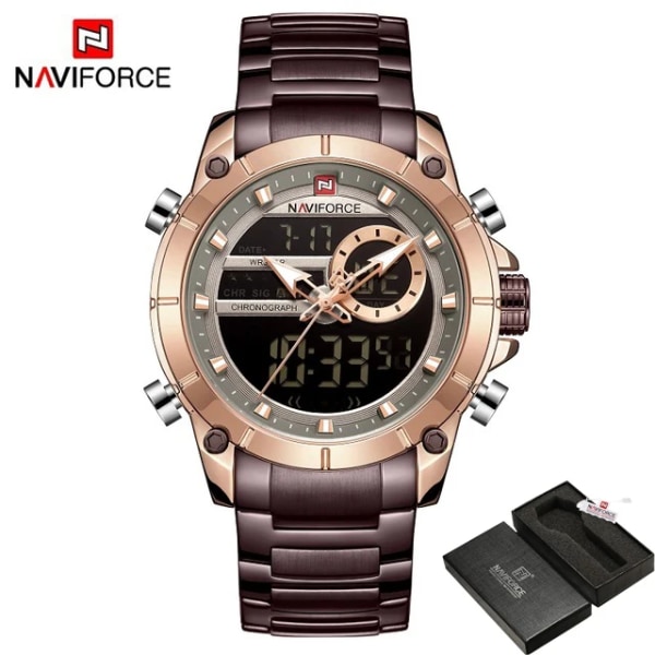 NAVIFORCE Casual Quartz Watch Herr Rostfritt stål Herr Army Militär Led-klocka Man Vattentäta Klockor relogio masculino Coffee Box