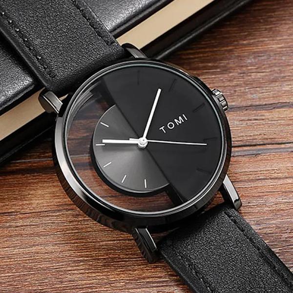 Unik Creative Halv Transparent Unisex watch klocka För män Kvinnor Par Nörd Snygga Läder Armbandsur Mode Quartz watch DESIGN 3 (A)
