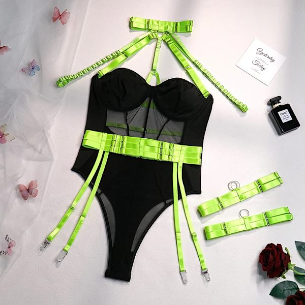 Halters Body med grindar 4-delade erotiska underkläder för kvinnor bandage Underkläder Sexiga underkläder Set Kvinnliga Push Up BH Trosor Black Green M