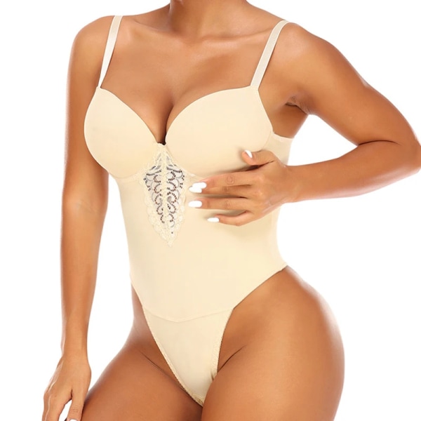 Fajas Colombianas Thong Underkläder Spets Shapewear Body Slim Body Shaper Dam V-krage Korsett Öppen gren Underkläder Rygglös Beige XL