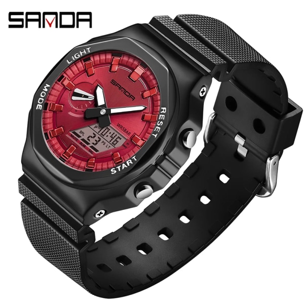SANDA Brand 2023 Herrklockor Dual Display Digital Quartz Armbandsur 50m Vattentät Sport Watch Relogio Masculino Red