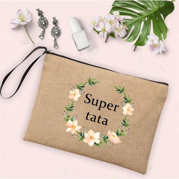 Bästa presenterna till Tata Super Tata Print Linne Blixtlåspåse Rese-toalettsaker Organizer Kosmetisk väska Kvinnor Neceser Makeup-väskor Q08093-A012BR-S