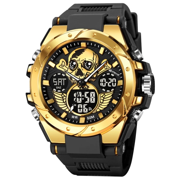 Ny STRYVE watch Creative Skull Design Digital-Analog Dual Display Watch Kalendervecka Stoppur Watch S8008 Gold