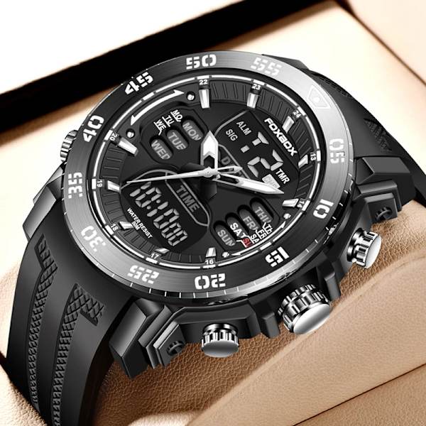 FOXBOX Herrklockor Sport Toppmärke Lyx Dual Display Quartz Watch Herr Militär vattentät klocka Digital elektronisk watch+ Box full black(.268)
