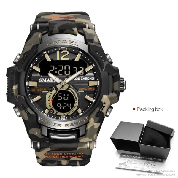 SMAEL Sport Digitala klockor för män Army Kamouflage Simning Armbandsur Väckarklocka Kalender LED Bakgrundsbelysning Dual Time Watch 1805 Camo Khaki-Box