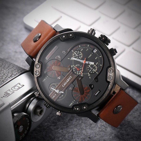 52MM Big Case Quartz Watch For Herr Elegant herrarmbandsur Vattentät Dual Time Displays Military relogio masculino manlig klocka Brown