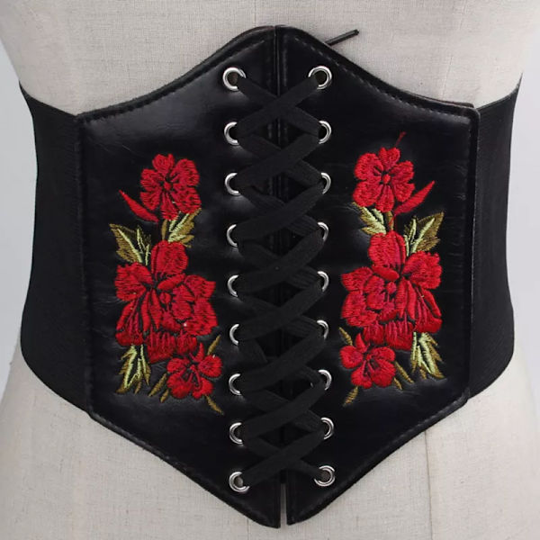 Broderad Svart Dam Bälte Blomma Midjekorsett Vacker Stretch Elastisk Midjeband Bred Korsett PU Läder Midja Smal white 69-95cm