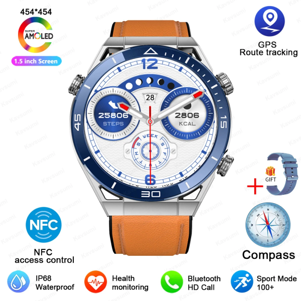 Ny NFC Smart Watch Herr Smart Bluetooth Call Sport GPS Track Smartwatch Dam Hjärtfrekvens EKG PPG Smartwatch För Android ios Blue Leather Original box