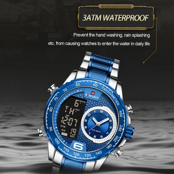 NAVIFORCE Lyx , Ny design watch för män, rostfritt stål, dubbla skärmar kvarts armbandsur Vattentät militär sport herrklocka GG-BOX