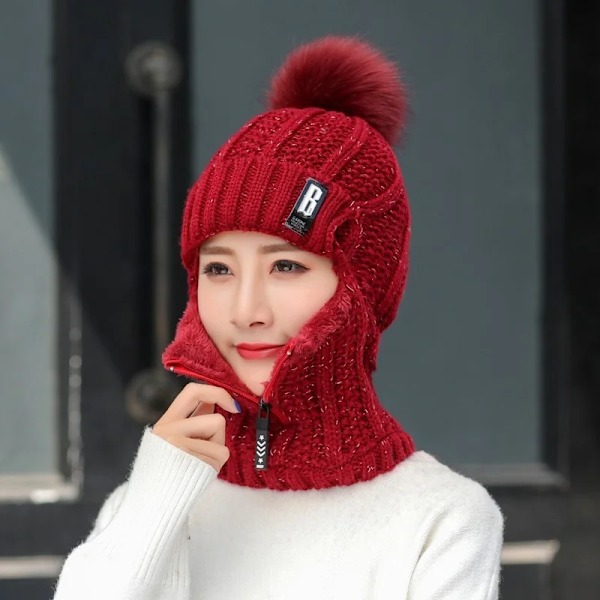 Dam Knittad Hatt Skidhatt Set Vindtät Vinter Utomhus Stickad Tjock Siamese Halsduk Krage Varm Håll Ansiktet Varmare Beanies Hatt Wine Red2