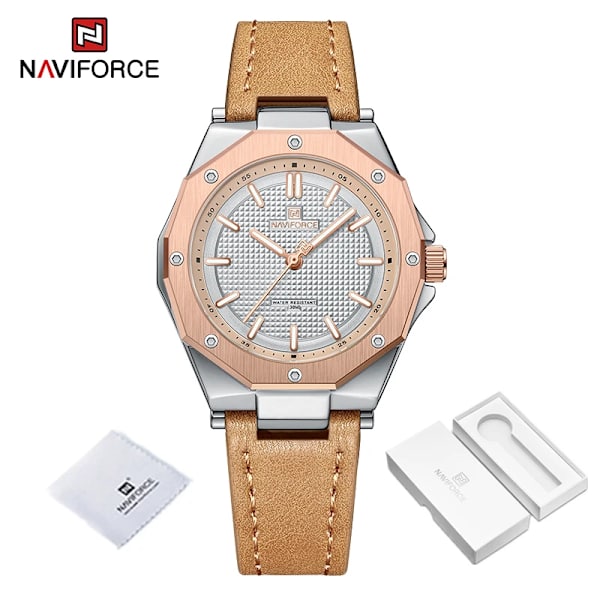 NAVIFORCE Mode Minimalistisk Design Watch för kvinnor Casual Quartz Dam Läder Armbandsur Case Kvinnlig klocka RGWLBN-BOX