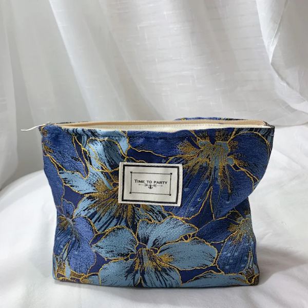 Canvastyg Damkosmetikväska Dam Clutch Nytt blommiga sminkväskor Rese sanitetsbinda Organizer Förvaringspåse Blue
