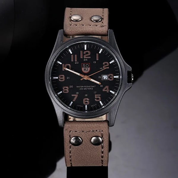 Märke Sport Militärklockor Mode Casual Quartz Watch Läder Analog Herr 2020 Ny SOKI Lyxarmbandsur Relogio Masculino Brown-A