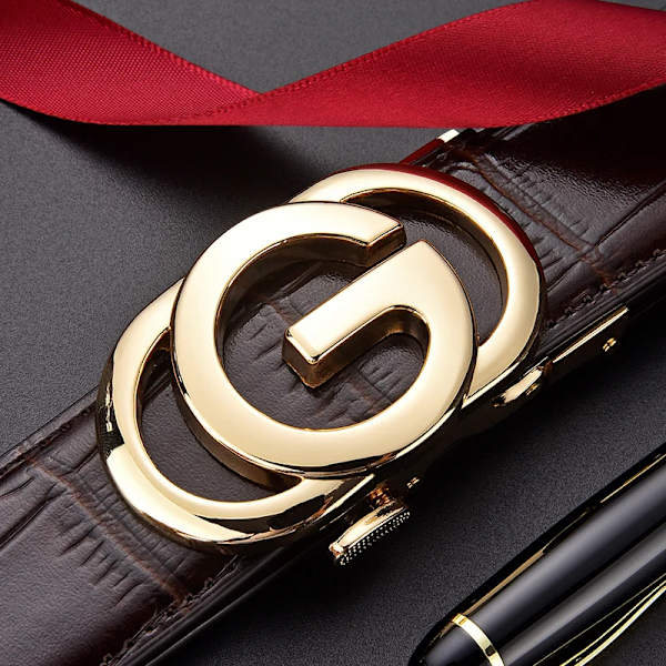 MircaynPOLO Herr Krokodilmönster Bälte Herr Lyx Automatisk Zinklegeringsspänne Märke Kohud Läderbälten GG manlig midjeband EG-Gold-Black 115cm