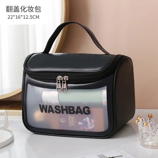 Transparent kosmetikväska PVC Kvinnor Dragkedja Genomskinliga sminkväskor Case Resesmink Organizer Förvaring Badkar Toalettväska Tvättväska Middle Black 2