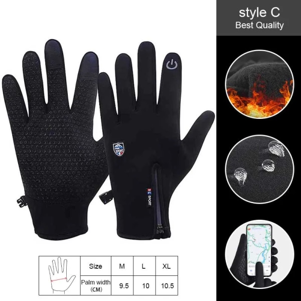 Pekskärm Vinter Thermal Varma Cykelcykelhandskar 2XL XXL Cykelskidor Utomhuscamping Vandring Motorcykelhandskar Helfinger C Black M