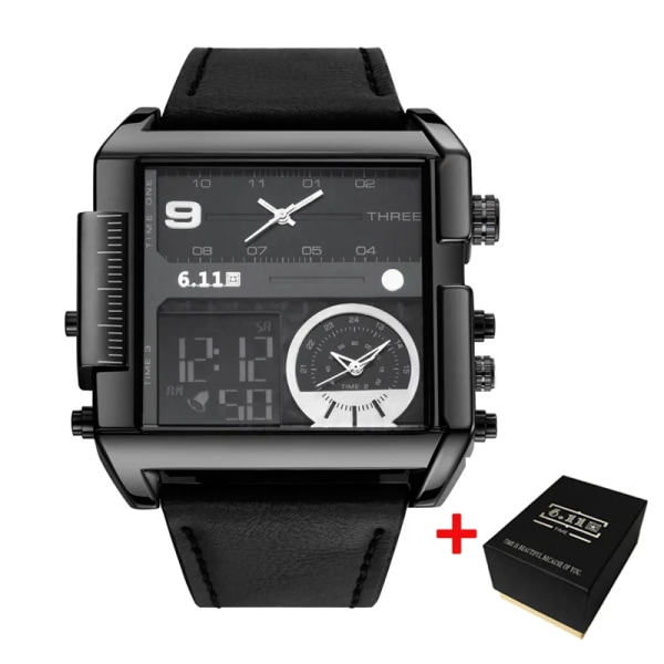 Fyrkantiga klockor Herr LED Vattentät Flera tidszoner Herrklockor Lyxmärke Relogio Masculino Montre Homme Watch With Box (black)