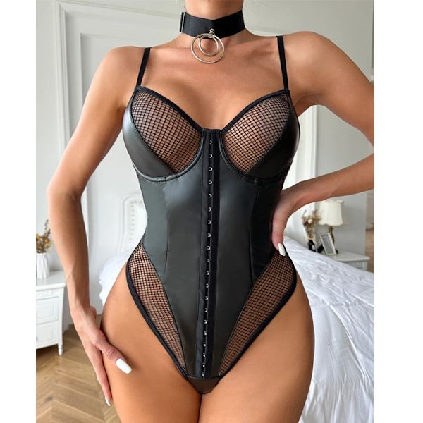 Erotiska underkläder Dam Body Shaper i syntetläder Hollow Out Mesh Underkläder Body Shaper Sexiga genomskinliga bodysuits Black M