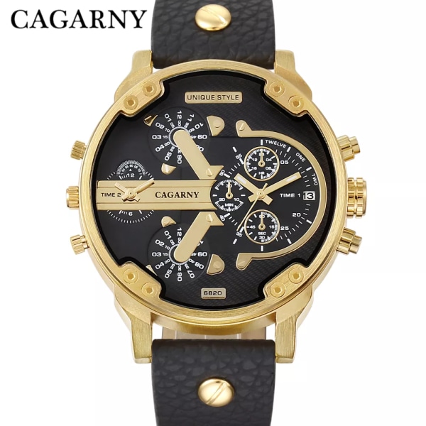 Cagarny Herrklockor Herr Mode Quartz Armbandsur Cool Big Watch Läderarmband 2 Times Military Relogio Masculino D6820 Black