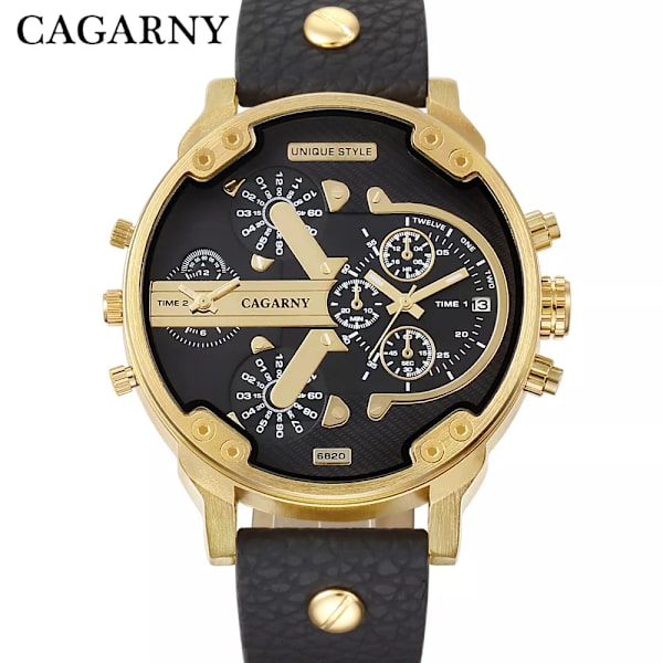 Cagarny Herrklockor Herr Mode Quartz Armbandsur Cool Big Watch Läderarmband 2 Times Military Relogio Masculino D6820 Multicolor