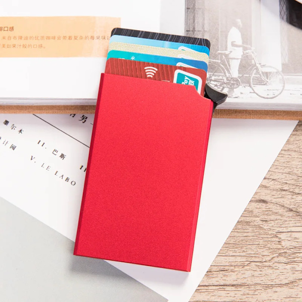 Aluminium Korthållare Metall Män kreditkortshållare Rfid Blockering Mini Slim Plånbok Automatisk Pop up Case Protector Red