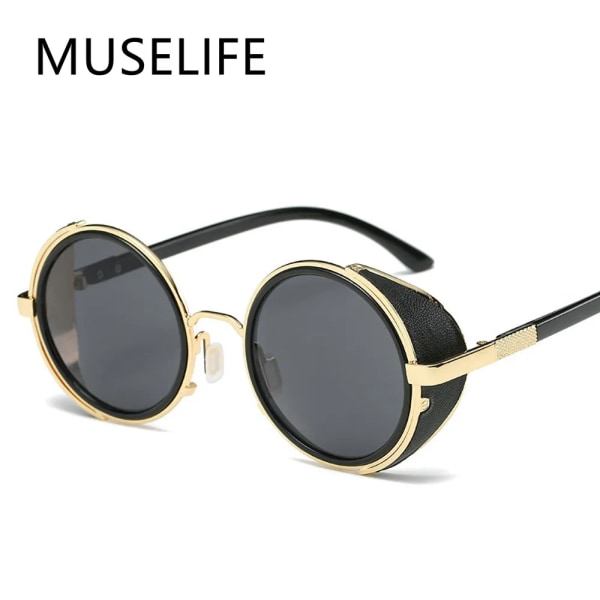 2023 Mode Vintage Runda SteamPunk Flip Up Solglasögon Klassiska Dubbellagers Clamshell Design Solglasögon Oculos De Sol 1-Black-Gray As Picture