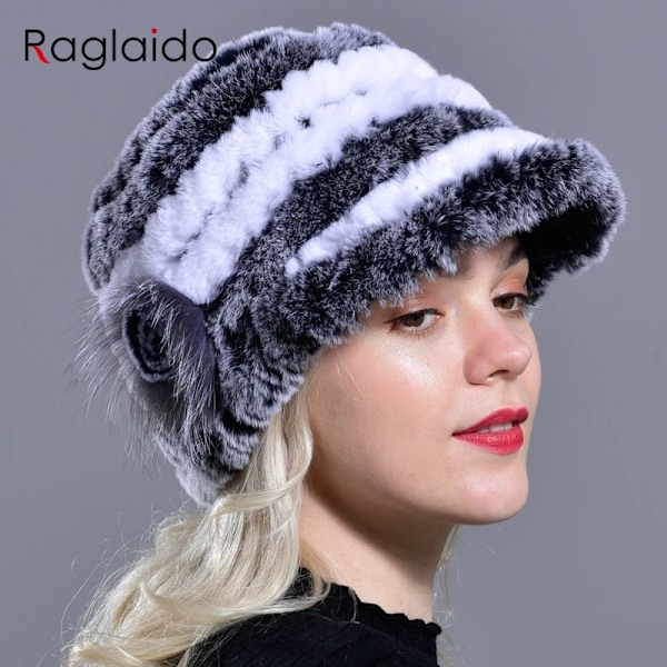 RaglaidoCap Mössor för Kvinnor Vinter FloralRex Hatt Elastiska Mössor Varma Mode Dam Snöhatt Lq11205 Blue