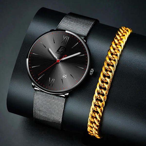 2023 Lyx Herrklockor Guld Armband Rostfritt Stål Mesh Bälte Kvarts Watch Herr Kalender Lysande klocka AS Show 4