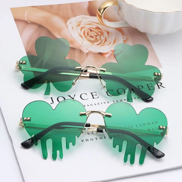 Båglöst mode Grön fyrklöver glasögon Leprechaun Dräktglasögon St. Patrick's Day Irish Shamrock Solglasögon C