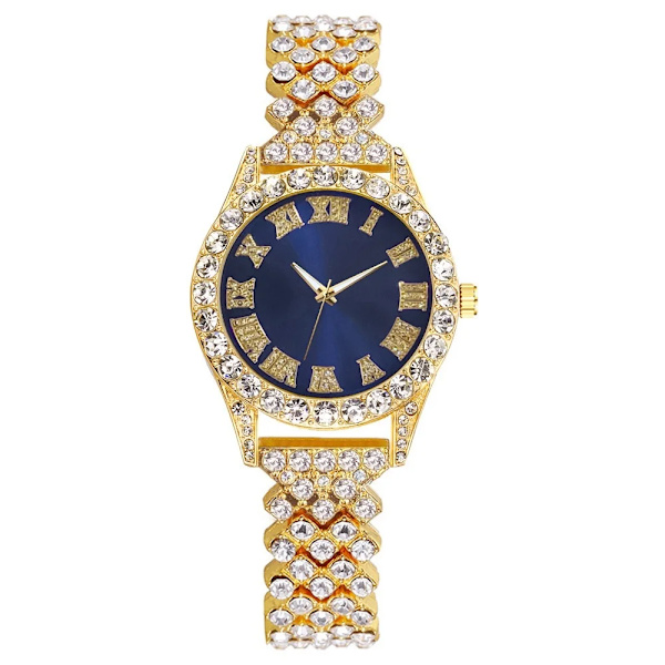 Mode Rhinestone Roma siffror Damklocka Watch i rostfritt stål Damarmbandsur Klocka Zegarek Damski Gold Blue