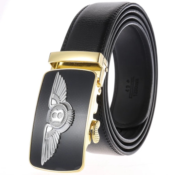Män Bälte Hane Äkta Läder Bältesrem Kända märke Lyx Automatisk Spänne Svarta Bälten för Herr Cummerbunds Cinturon Hombre Gold Black 130cm