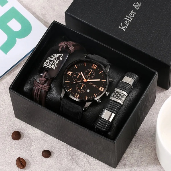 Klockor Set för män Läder Wolf Watch Top Märke Lyx 3PCS Quartz Watch Herrklocka Present till pojkvän Reloj Hombre Watch-Bracelet 06