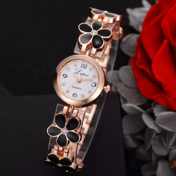 LVPAI Brand Klockor Dam Daisies Blomma Guld Strass Armband Armbandsur Watch Kvinna Mode Klassisk watch Black