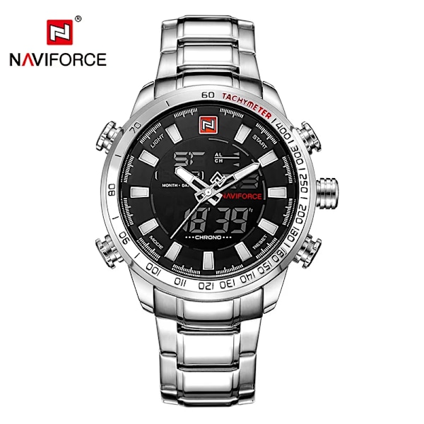 NAVIFORCE 9093 Lyx Herr Chrono Watch Märke Militär Vattentät EL Bakgrundsljus Digitala armbandsur Herr Stoppur Klocka silver black