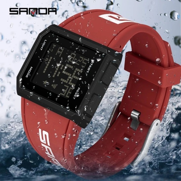 SANDA 9003 New Fashion herrklockor 50M vattentät watch för män LED Elektroniska digitala armbandsur Relogio Masculino BLACK RED