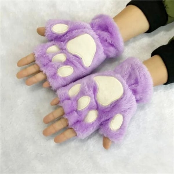 Söt Cat Paw Fluffy Claw Fingerlösa handskar Varm Mjuk Plysch Fingerlös Panda Handske Halvfinger Kvinnor Vinterkläder Julklappar Khaki-A One Size